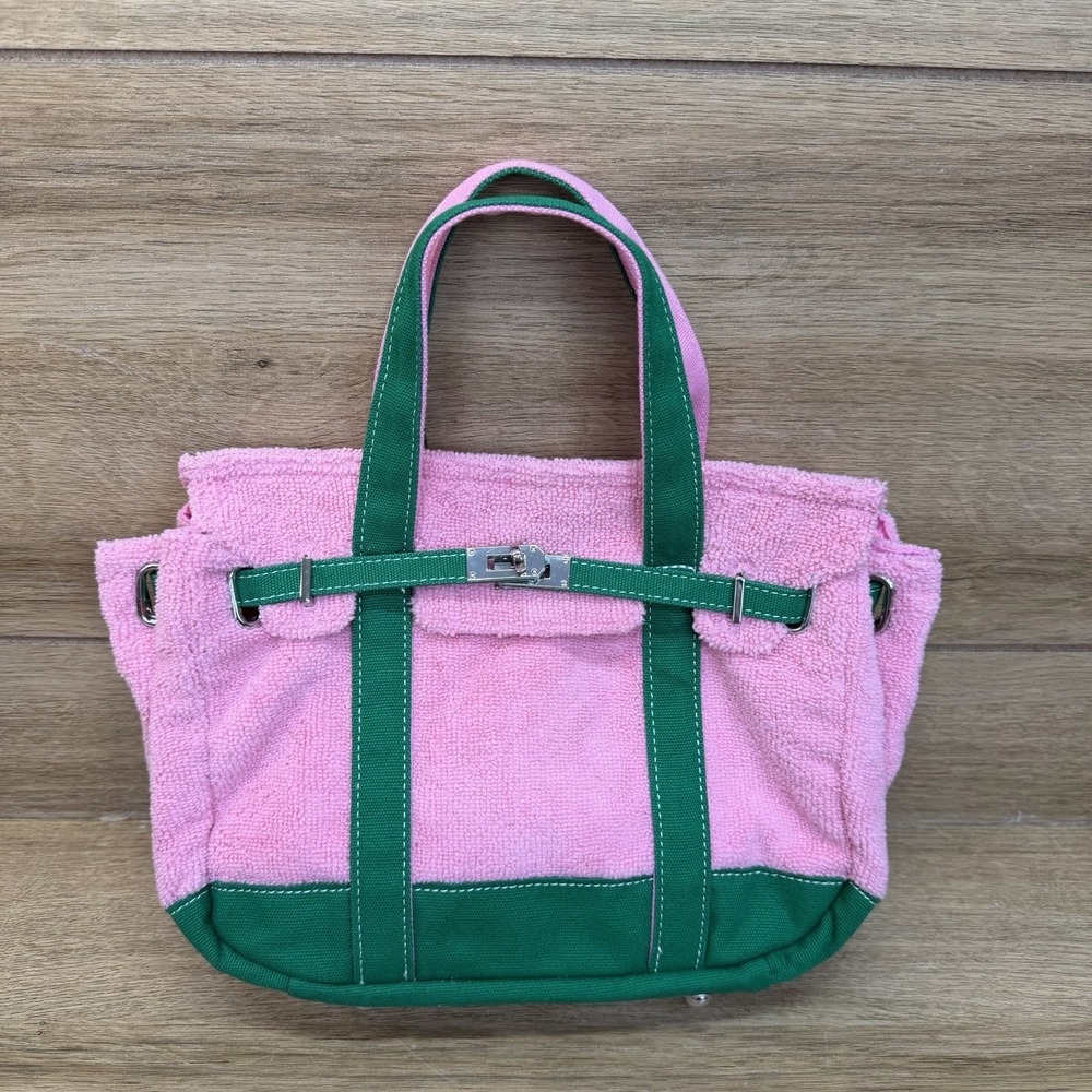 NEW Boatkin Sunwin Madaket Small Classic Tote Bag Terry Cloth Canvas Green Pink